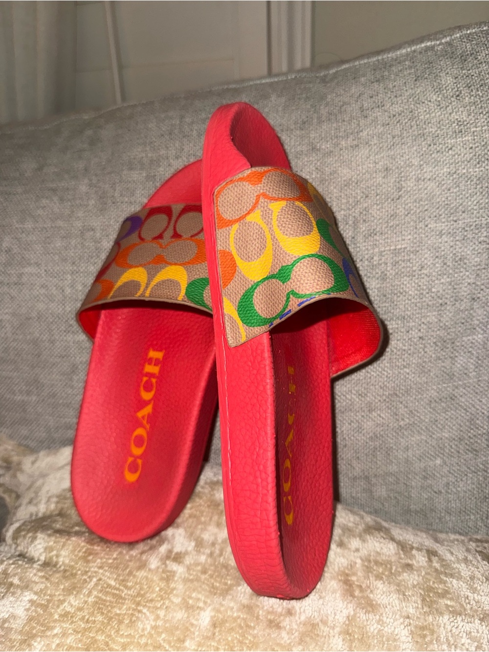 Coach unisex Rainbow Signature Slide Sandals with Red Footbed - Picture 7 of 8
